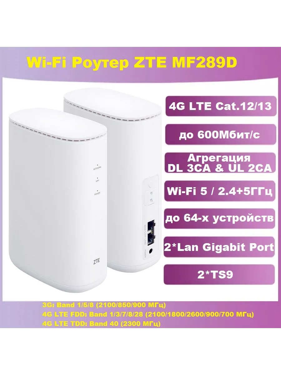 Роутер ZTE MF289D Wi-Fi 2.45ГГц, 4G LTE Cat.12 до 600м/с ZTE Corporation  204956506 купить в интернет-магазине Wildberries