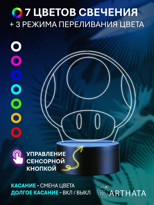 Arthata - лавка сокровищ Ночник Марио Гриб оригинальный подарок геймеру, синий, фото 3