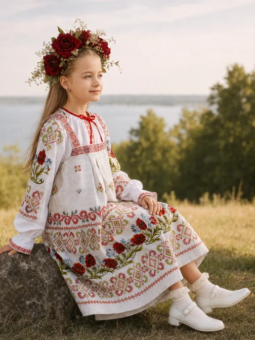 MOUN Русский народный костюм сарафан с рубашкой детский, белый