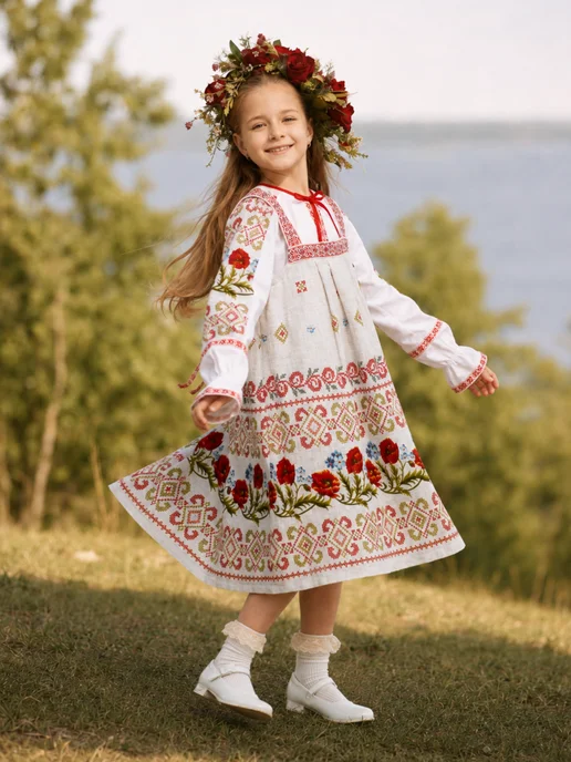 MOUN Русский народный костюм сарафан с рубашкой детский, белый, фото 3
