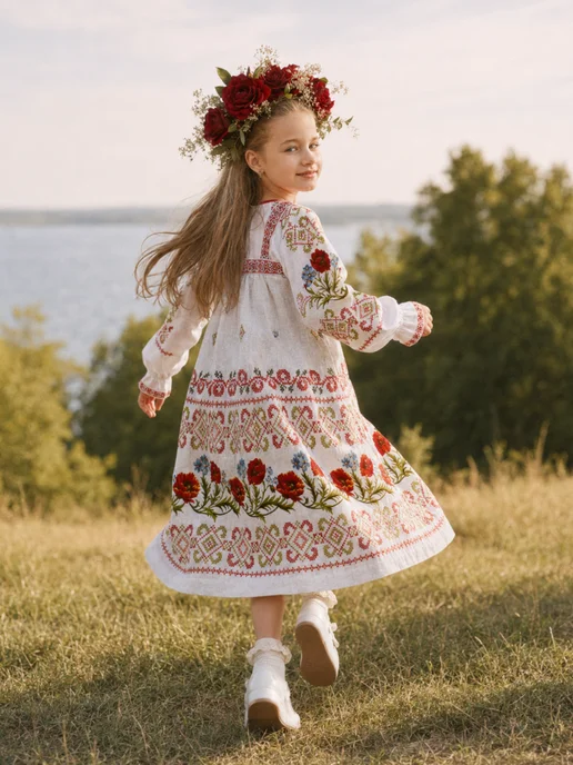 MOUN Русский народный костюм сарафан с рубашкой детский, белый, фото 4