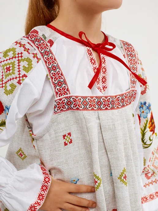 MOUN Русский народный костюм сарафан с рубашкой детский, белый, фото 7