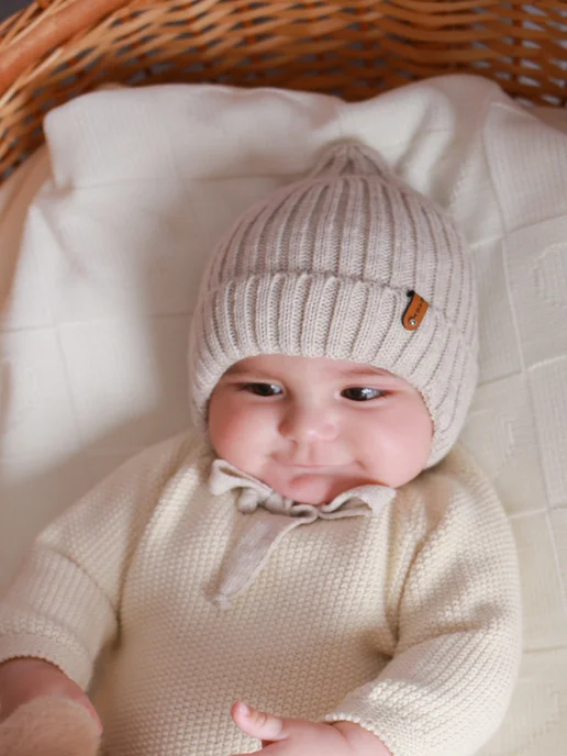 KIPSIBABY Шапка для новорожденного вязаная тёплая осень на подкладке, бежевый, фото 2