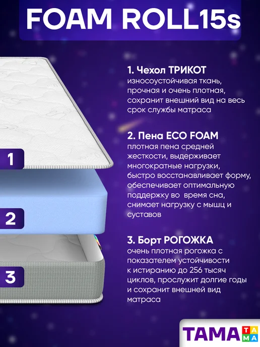 TAMA Беспружинный матрас 80х200 FOAM ROLL 15S, 180x200, фото 2