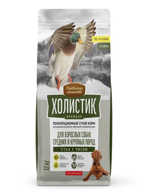 Сухой корм Деревенские лакомства Премьер Собакам для собак, крупные, средние, утка, 12 кг
