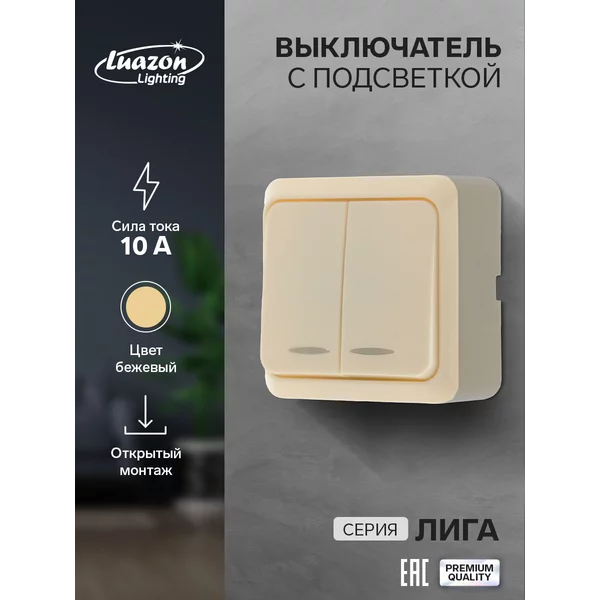 Выключатель «Лига», 10 А, 2 клавиши, накладной с подсветкой
