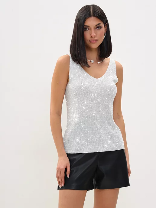 ESFASHION Майка топ вечерний со стразами, белый, фото 2