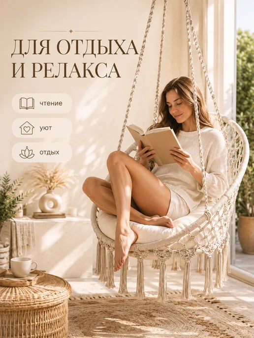 Homium Кресло гамак качели подвесные садовые для дома и дачи, белый, фото 3