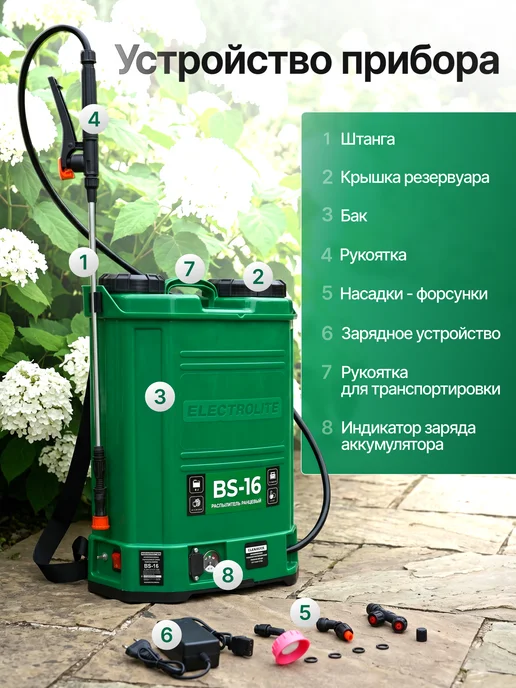 ELECTROLITE Опрыскиватель садовый аккумуляторный BS 16, 16 л, 3 шт, фото 8