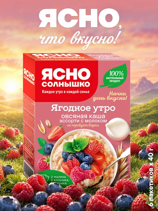 Ясно солнышко Молочная овсяная каша малина клубника черника 240 гр, 240 г