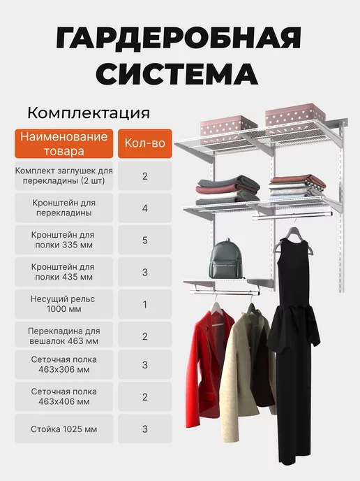 Титан-GS Гардеробная система настенная для вещей и одежды 156х35 см, титан, в упаковке 22,3 кг, фото 2