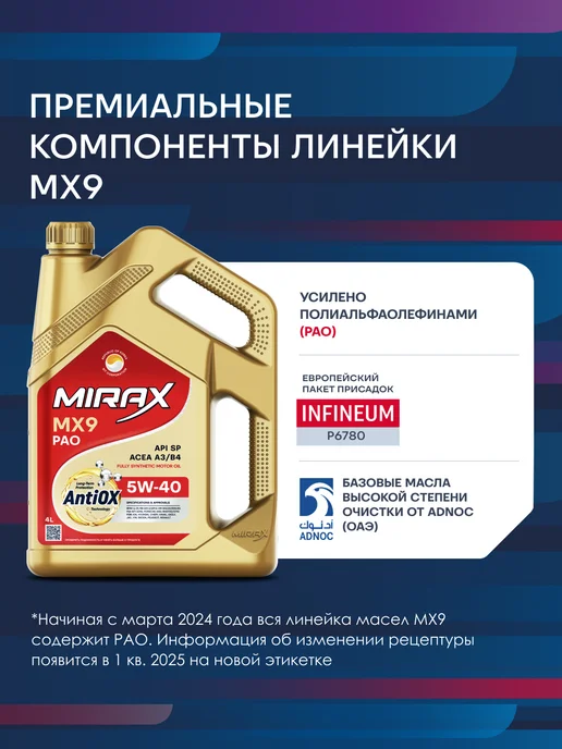 MIRAX MX9 5W-40, SP, A3 B4, синтетическое масло моторное, 5л, 5 л, фото 6