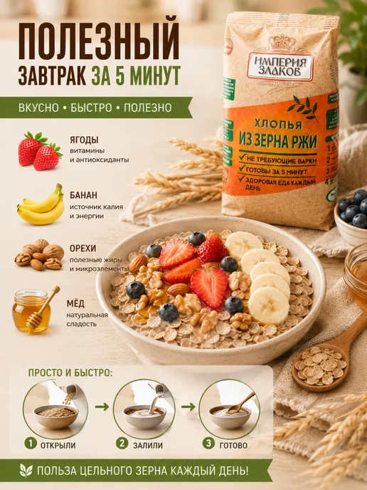 Империя злаков Хлопья из зерна ржи оргaнические не требующие варки, вариант, фото 3