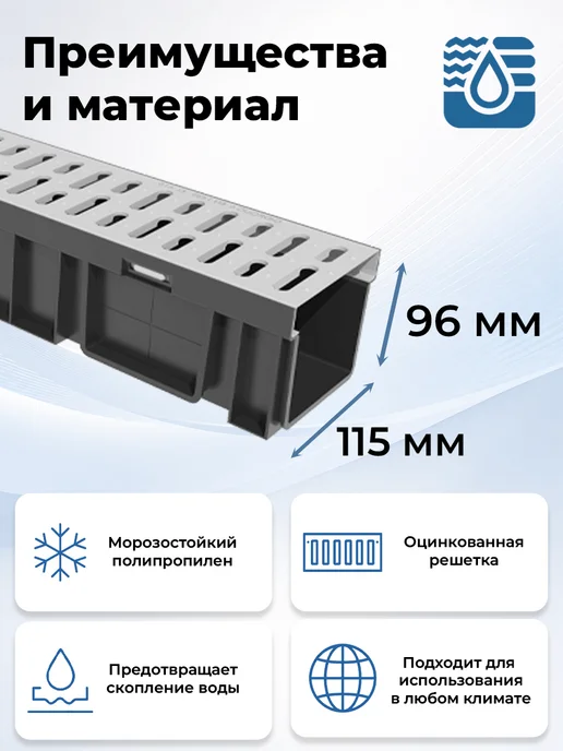 Лоток водоотводный пластиковый Gidrolica Light 10 комплектов (1000х115х96мм, сечение 100мм) с решеткой стальной оцинкованной, кл. А15, 1000x115x96 мм, фото 3
