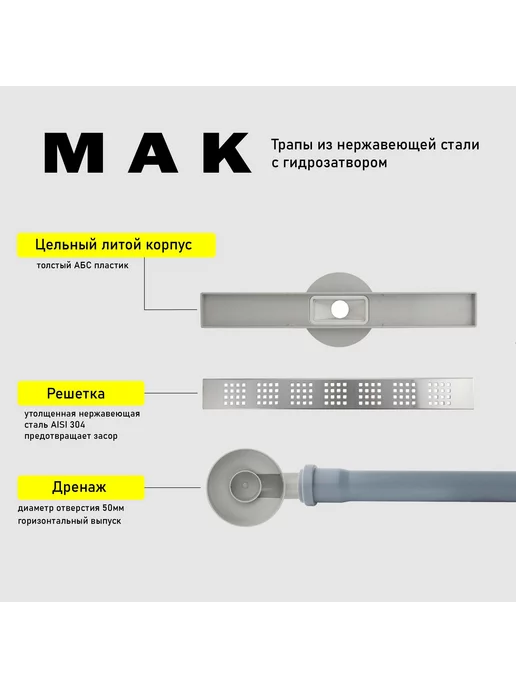 МАК Трап MAK 31041 300х60 сатин нержавеющий, 300x60, фото 3