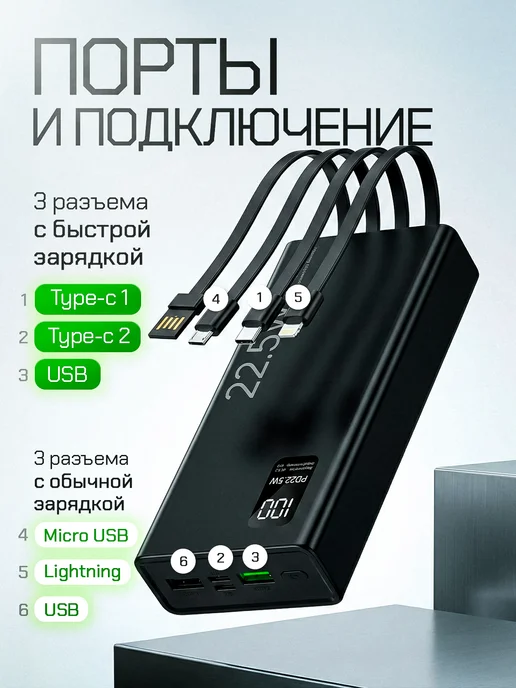 QuiZar повербанк для iphone, телефона 20000mah с быстрой зарядкой, 20000 мАч, фото 2