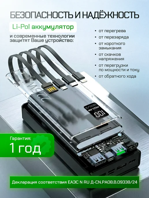 QuiZar повербанк для iphone, телефона 20000mah с быстрой зарядкой, 20000 мАч, фото 6