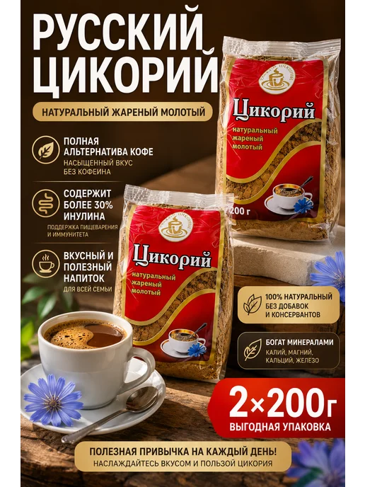 Русский цикорий Цикорий натуральный жареный молотый 2 шт по 200г, 2 шт, 200 г
