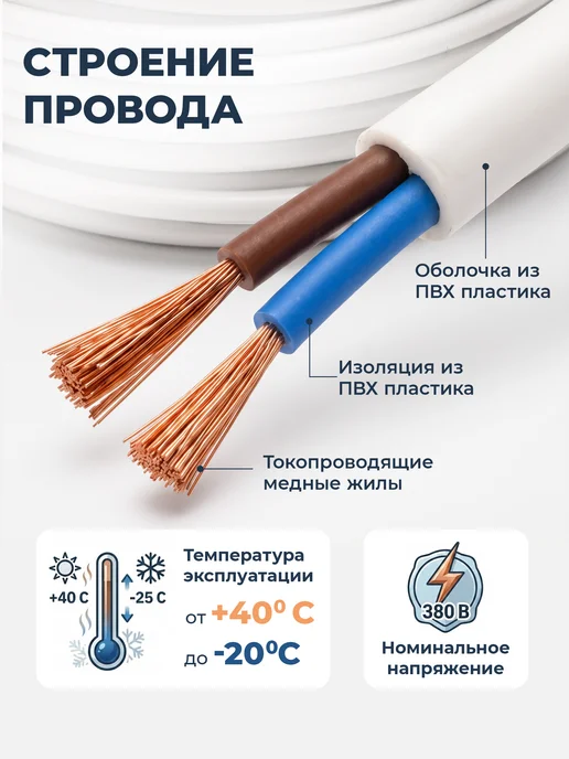Кабель Силовой ПВС 2х1,5 (100м), 2x1.5, 100 м, фото 2