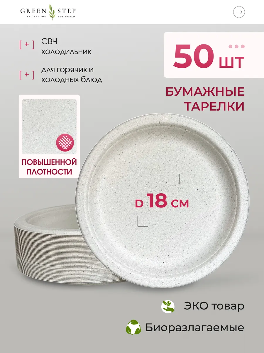 Тарелки одноразовые бумажные без принта прочные 18 см 50 шт
