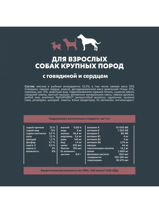 Сухой корм AlphaPet Сердцем для собак, крупные, говядина, 15 кг, фото 8