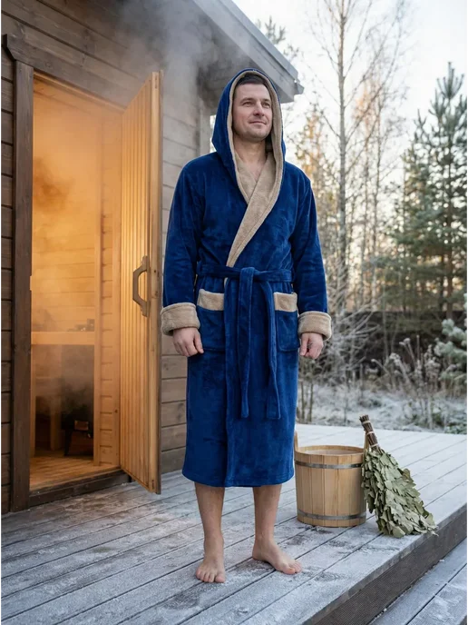 Wakas Textile Халат махровый домашний с капюшоном, синий, фото 2