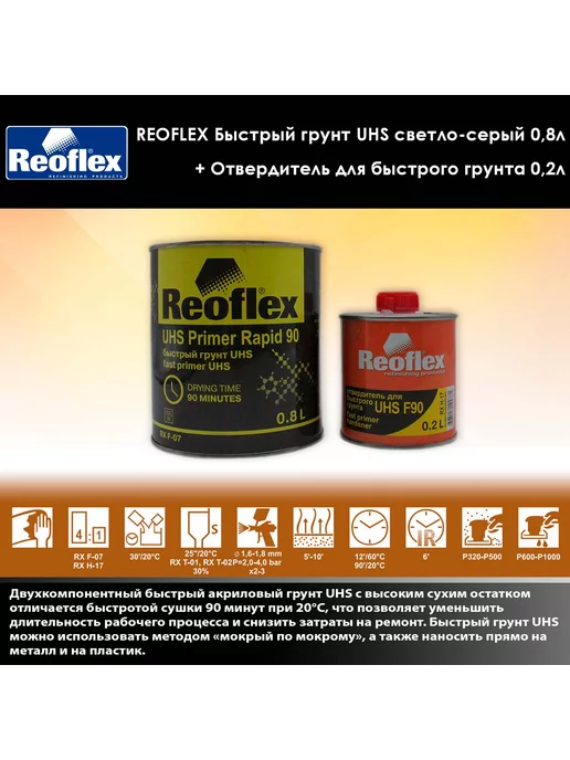 Reoflex грунт UHS серый 0,8л + Отв. для грунта UHS 0,2л, 800 мл, 200 мл, фото 2