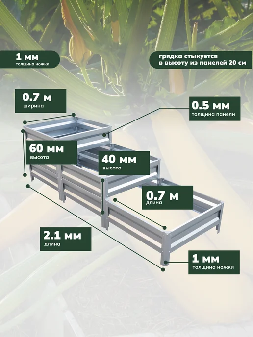 globgarden Грядка-клумба оцинкованная усиленная трехъярусная 0,7х3,5 м, 0.7x2.1 м, фото 2