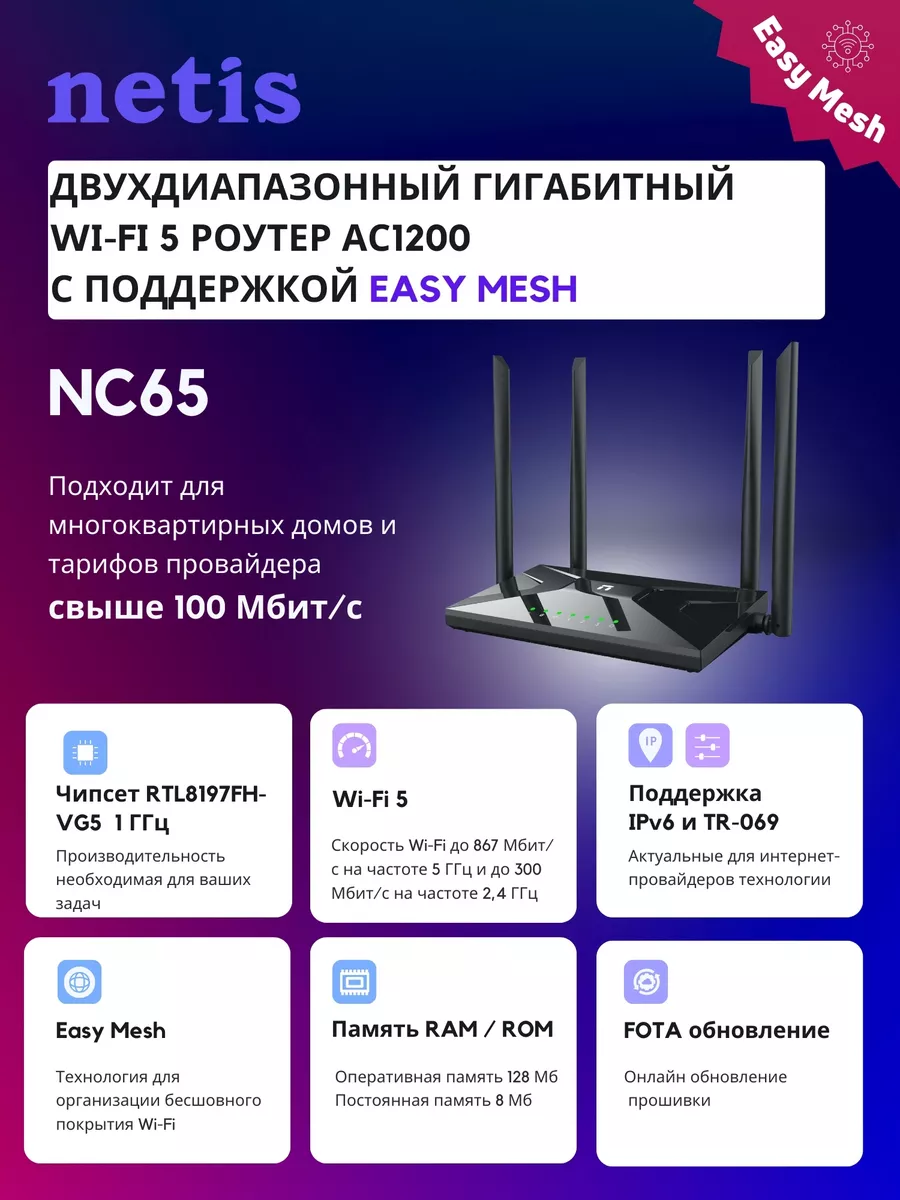 Роутер беспроводной Netis NC65 AC1200 10/100/1000BASE-TX Netis 209020853  купить в интернет-магазине Wildberries