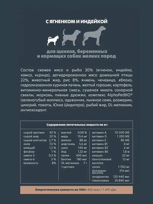 Сухой корм AlphaPet для собак, мелкие, щенки, индейка, ягненок, 7 кг, фото 3