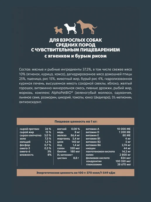 Сухой корм AlphaPet Медиум Чув. для собак, ягненок, 15 кг, фото 3