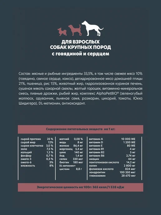 Сухой корм AlphaPet Макси Сердцем для собак, говядина, 15 кг, фото 3
