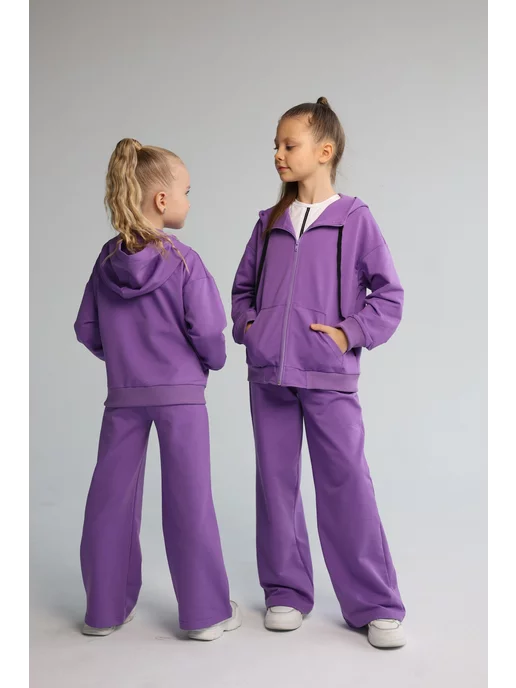 proMaxi kids Костюм для девочки на молнии тонкий брюки клеш палаццо, фиолетовый, фото 2