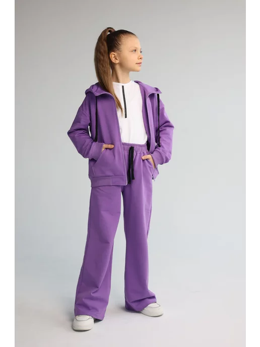 proMaxi kids Костюм для девочки на молнии тонкий брюки клеш палаццо, фиолетовый, фото 3