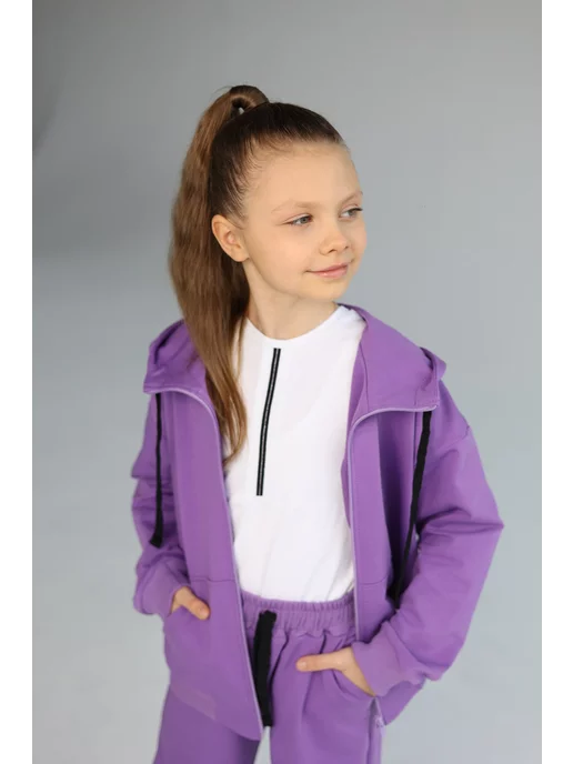 proMaxi kids Костюм для девочки на молнии тонкий брюки клеш палаццо, фиолетовый, фото 4