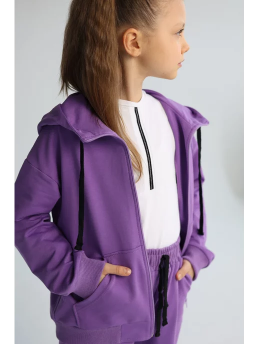 proMaxi kids Костюм для девочки на молнии тонкий брюки клеш палаццо, фиолетовый, фото 5
