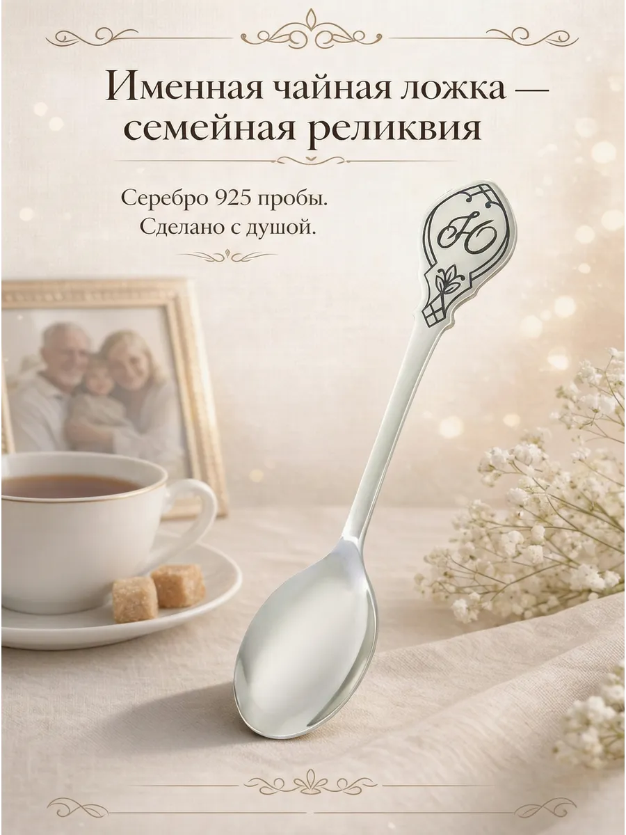 Серебряная чайная ложка буквой "Ю" 925 пробы