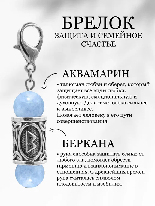 Fabio Ross Collection Брелок с руной Беркана и натуральным Аквамарином, голубой, фото 2