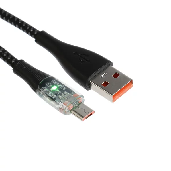 Кабель, 2 А, MicroUSB — USB, прозрачный, 1 м, чёрный