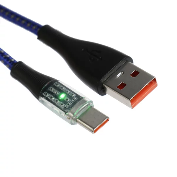 Кабель, 3 А, Type-C — USB, прозрачный, 1 м, синий