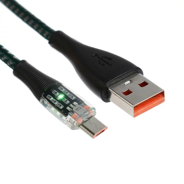 Кабель, 2 А, MicroUSB — USB, прозрачный, 1 м, зелёный
