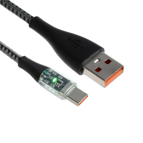 Кабель, 3 А, Type-C — USB, прозрачный, 1 м, серый