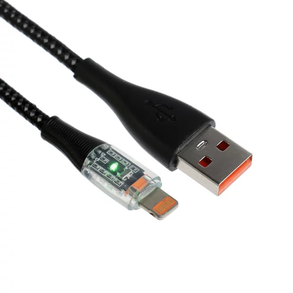 Кабель, 2 А, Lightning — USB, прозрачный, 1 м, чёрный