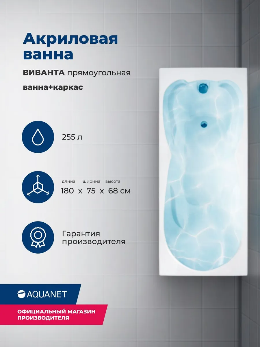 Акриловая ванна Акванет Виванта 180x75 (с каркасом)