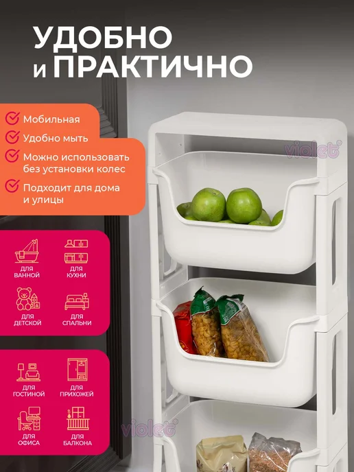 VIOLET Этажерка на колесиках с 4 ящиками напольная Малыш, фиолетовый, фото 3