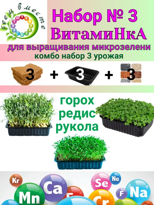 Сеем вместе Набор для выращивания микрозелени Витаминка № 3, 3 шт