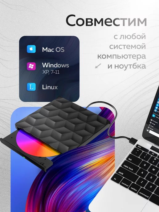 GIZWerk Дисковод внешний оптический привод для ноутбука и пк CD DVD, вариант, фото 3