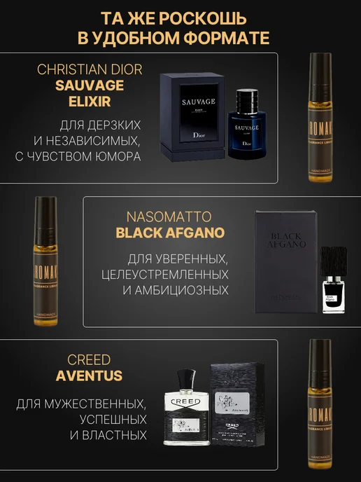 AromaKo Parfume Духи мужские набор Sauvage Elixir Black Afgano Aventus 5 мл, 5 мл, фото 2