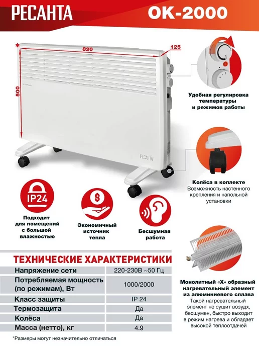 РЕСАНТА Конвектор 2000Вт, 20кв.м, 2000 Вт, фото 3