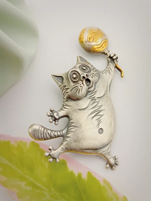 KU&KU Брошь серебро 925 булавка Кот с шариком, серебристый, фото 6